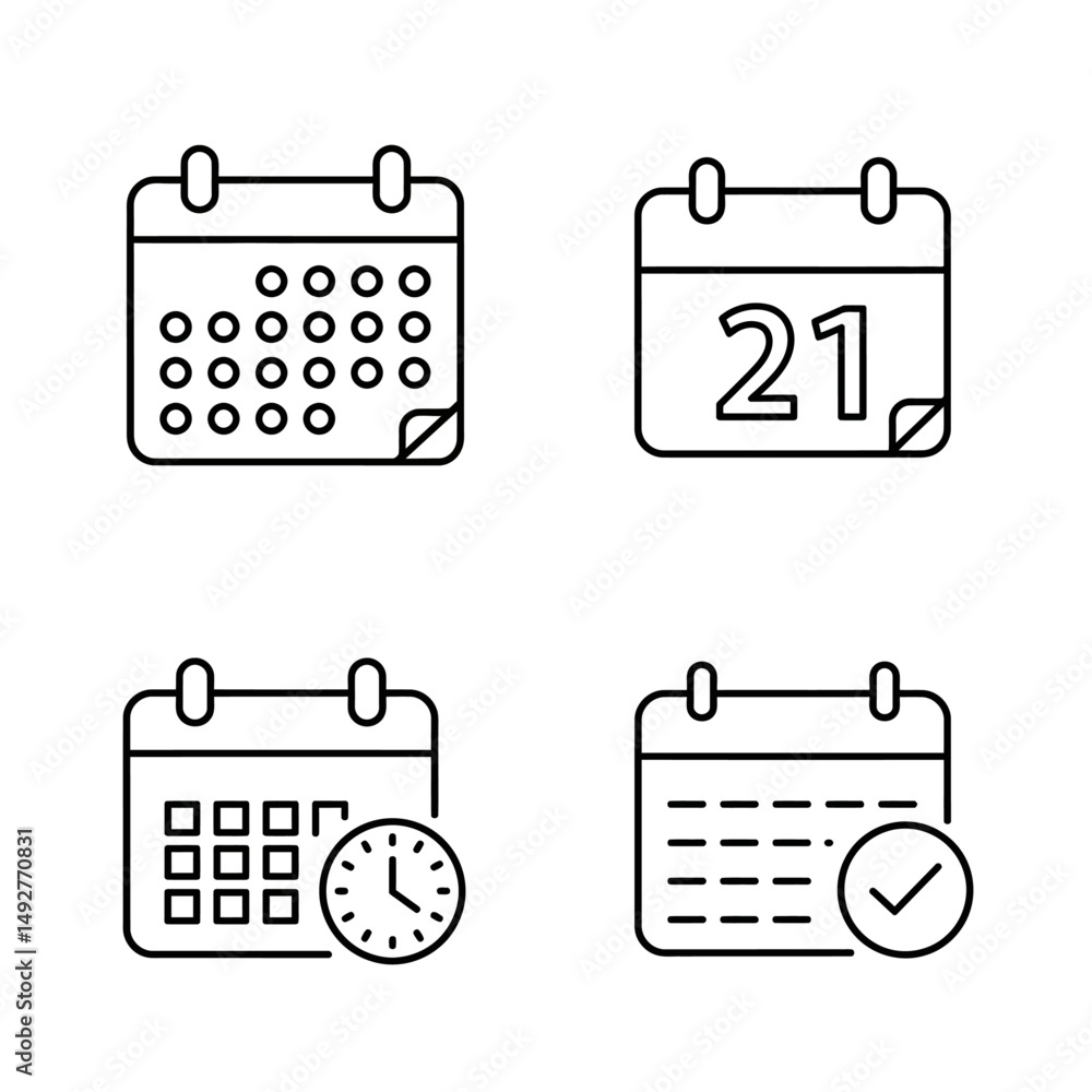 Four calendar icons with different date markings and symbols in a line art style on white background Four calendar icons with different date markings and symbols in a line art style on white background