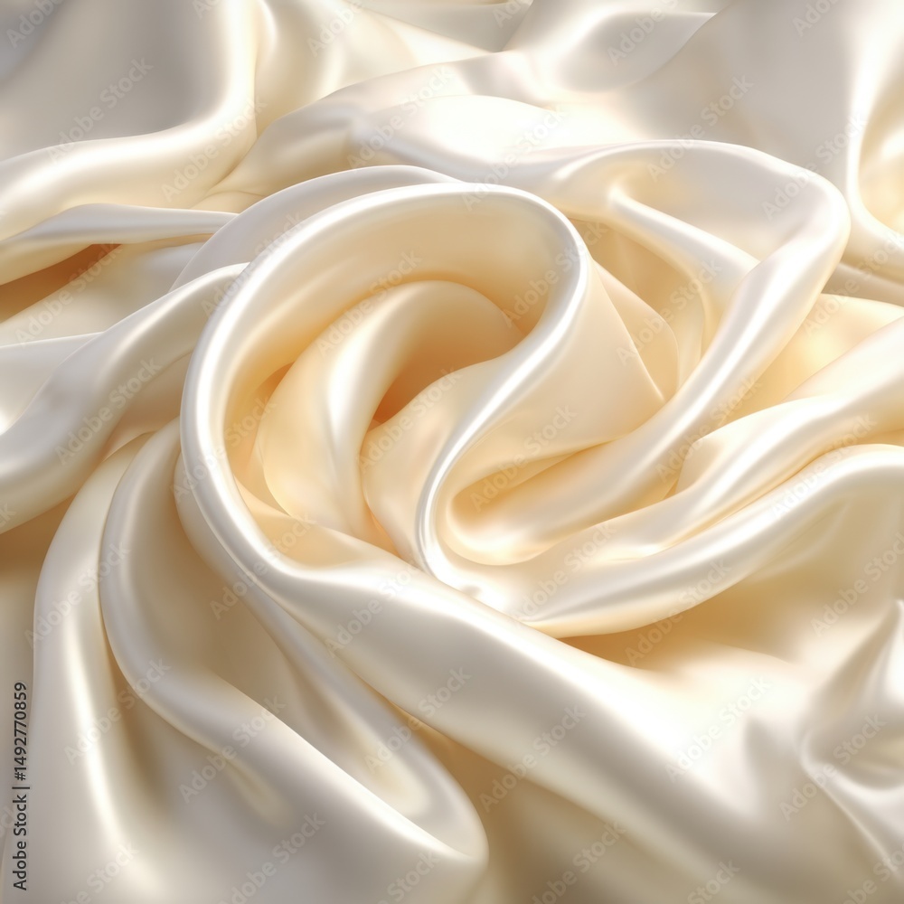 Fototapeta premium Abstract close up of flowing cream silk fabric with soft folds and gentle curves studio shot