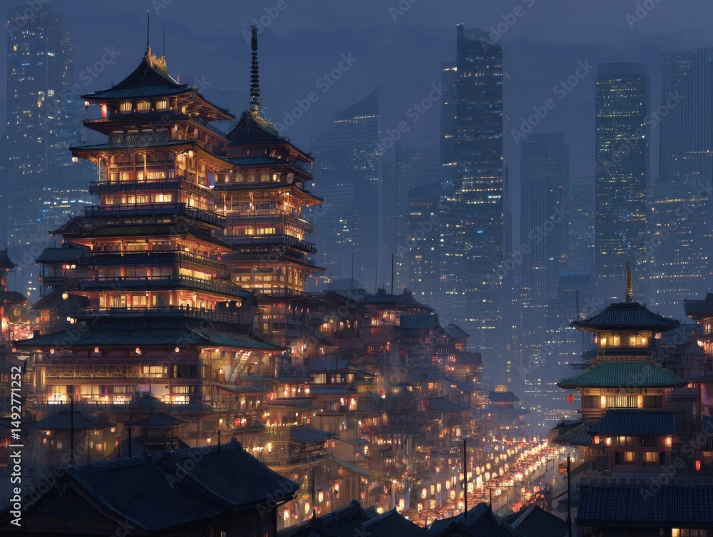 Fototapeta premium Night cityscape featuring traditional Japanese architecture with modern skyscrapers in the background, illuminated buildings and street lights, aerial view