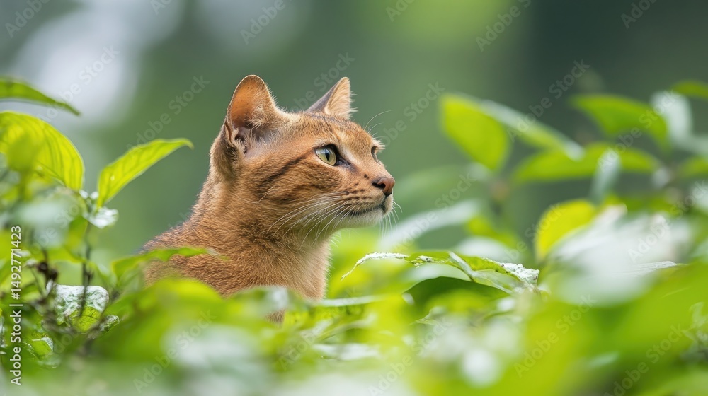 Obraz premium Ginger cat in lush green foliage