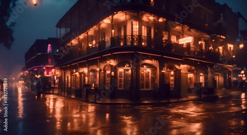 An atmospheric image capturing the lively energy of a city at night during a rainfall featuring a restaurant aglow with enchanting lights A moody jazz club in New Orleans 4K