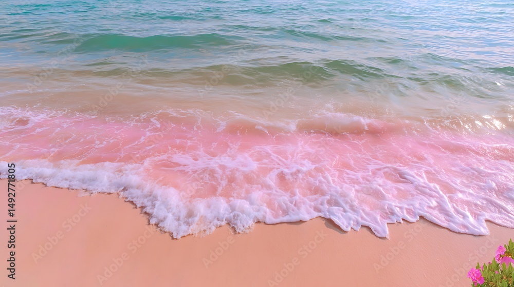 Fototapeta premium Tranquil Ocean Waves Gently Lapping Against Soft Pink Sand Beach