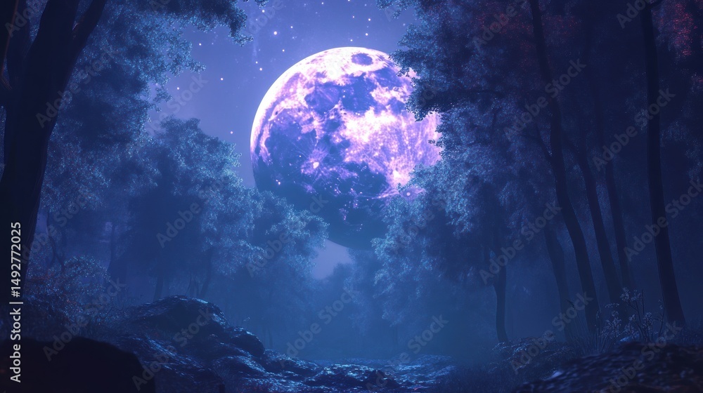 Fototapeta premium Enchanted Forest Underneath a Gigantic Purple Moon: A Mystical Nighttime Scene