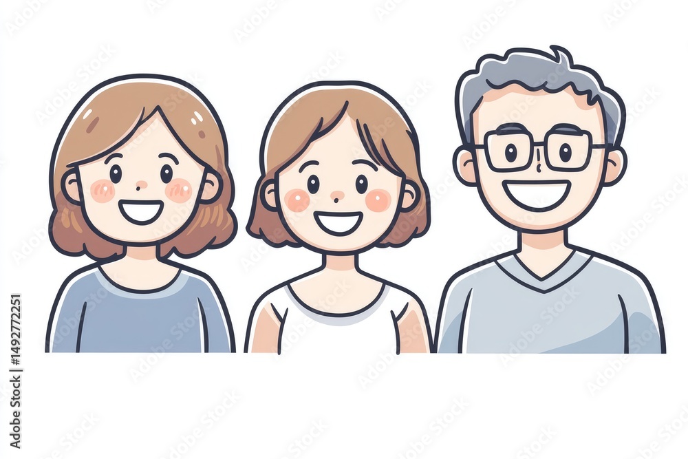 Three cheerful cartoon figures standing in a row. Three cheerful cartoon figures standing in a row.