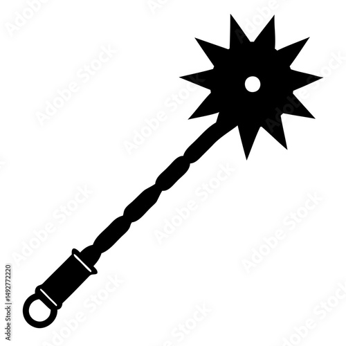 Detailed black vector silhouette of ancient flail with chain and spiked ball on transparent background