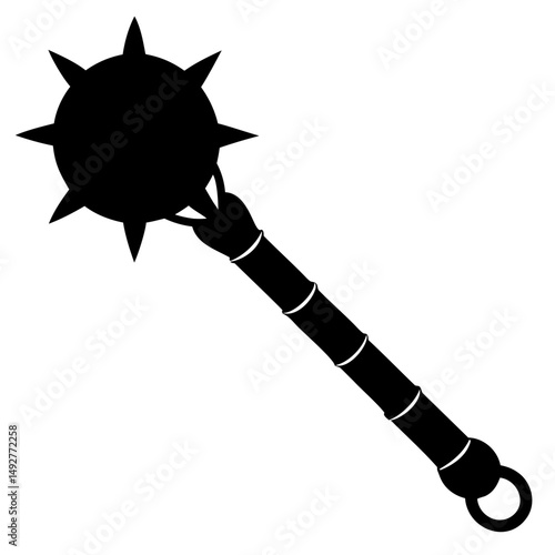 Black silhouette of medieval flail weapon in vector format on transparent background for graphic use