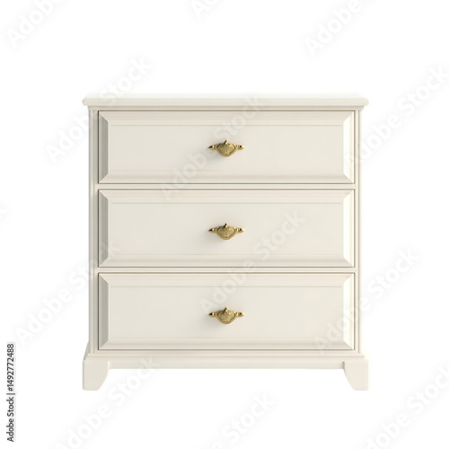 Cream colored chest of drawers with gold handles on black background