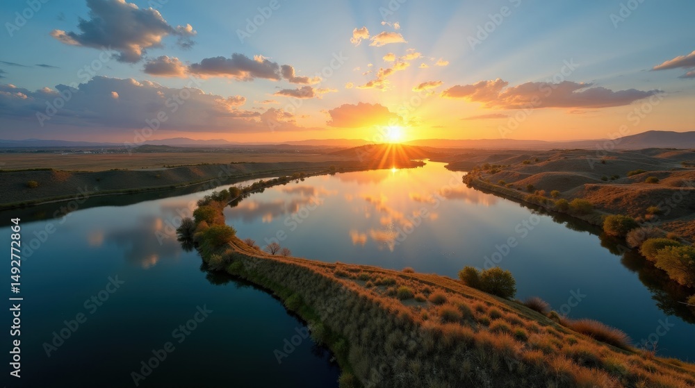 Fototapeta premium Albufera des Grau at dawn, Spain, under clear skies, captured from above, showcasing the peaceful environment.