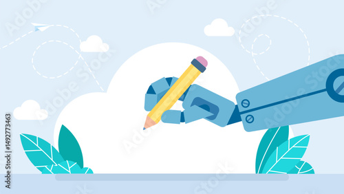 Cyborg, robot draws with a pencil. Artificial Intelligence hand hold holding pencil with rubber eraser, robot writing. Mechanical palm with fingers. Artificial intelligence draws. Vector  illustration