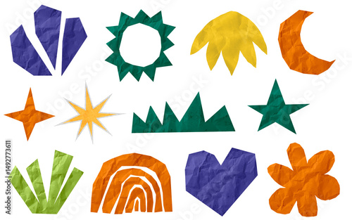 set of paper cutouts isolated on white background, vector icons with craft paper, abstract, quirky journaling elements PNG set