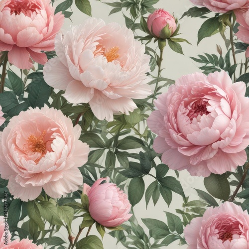 Delicate watercolor peonies & roses in a vintage setting , bloom, pastel, botanical