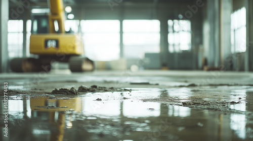 Construction site with fresh concrete floor and crane in background, symbolizing progress and industrial development.
