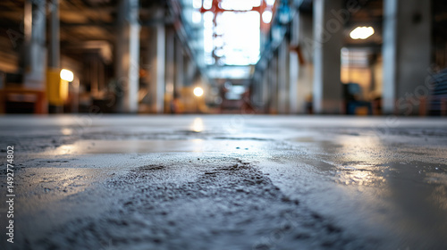 Construction site with fresh concrete floor and crane in background, symbolizing progress and industrial development.
