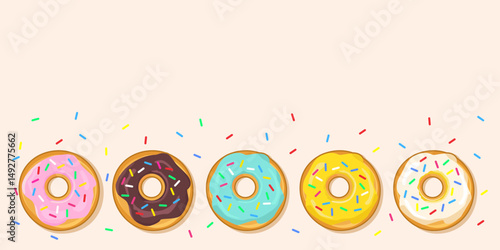 Set of colorful donuts. Various types of donuts in glaze and chocolate, cafe design elements, menu, advertising banner. place for text. Vector flat cartoon illustration.