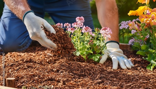Wallpaper Mural individual applying shredded wood mulch in a summer garden around flowering plants for moisture retention and weed control Torontodigital.ca