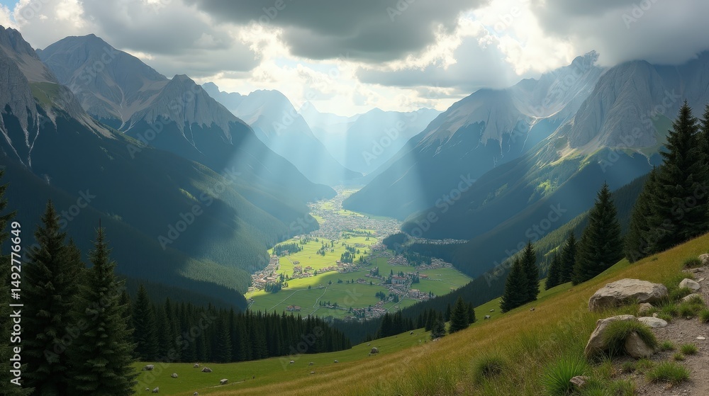 Obraz premium Cloudy midday view of Pineta Valley, Spain, captured in a panoramic shot, revealing the lush valley and surrounding peaks.