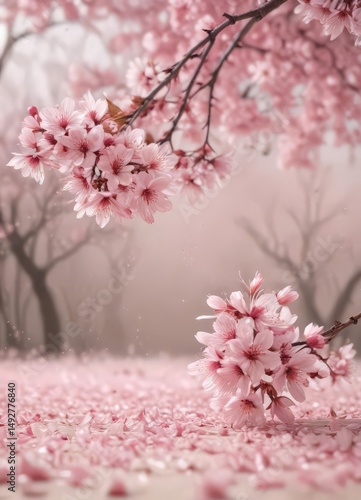 Delicate pink sakura petals drift on a soft-focus background, creating a serene springtime scene ,  falling,  cherry blossom