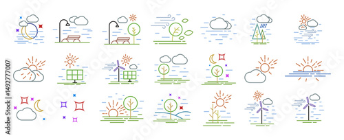 Ecologic and weather landscape colored line icons set vector illustration