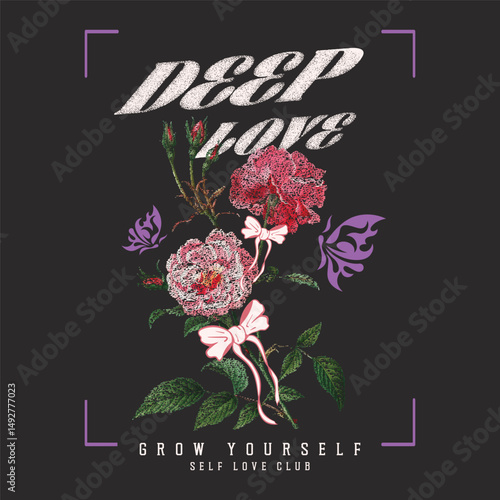 Rose flower graphic illustration. Music poster. Women's graphic print design, Rose vintage music poster artwork. Love rock tour artwork. Rockstar vector artwork. Boys and girls vector t-shirt design