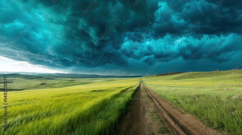 Fototapeta premium Dramatic Storm Clouds Over Green Field Landscape Wide Angle Rural Dirt Road Leading to Horizon