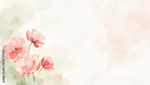 A beautiful, delicate watercolor background featuring a cluster of pink and cream flowers with subtle green foliage against a soft, creamy backdrop. The airy and elegant design is perfect for wedding 