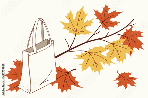 6 5k, highly detailed, high resolution, realistic, volumetric lighting, octane render, photorealistic, autumn leaves, canvas tote bag, still life, nature, cozy, warm, earthy tones, vibrant colors, arr