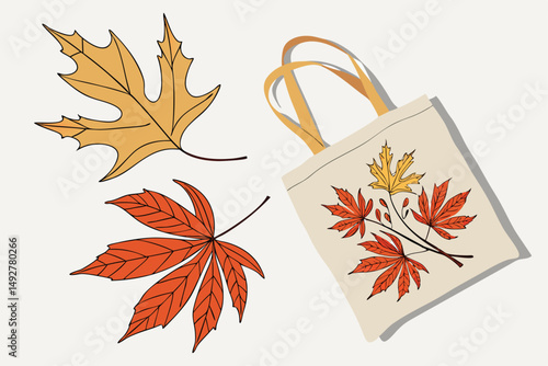 6 5k, highly detailed, high resolution, realistic, volumetric lighting, octane render, photorealistic, autumn leaves, canvas tote bag, still life, nature, cozy, warm, earthy tones, vibrant colors, arr