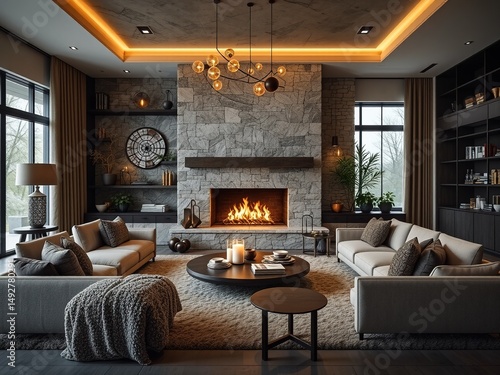 Wallpaper Mural Elegant Fireplace Room with Comfortable Furniture Torontodigital.ca