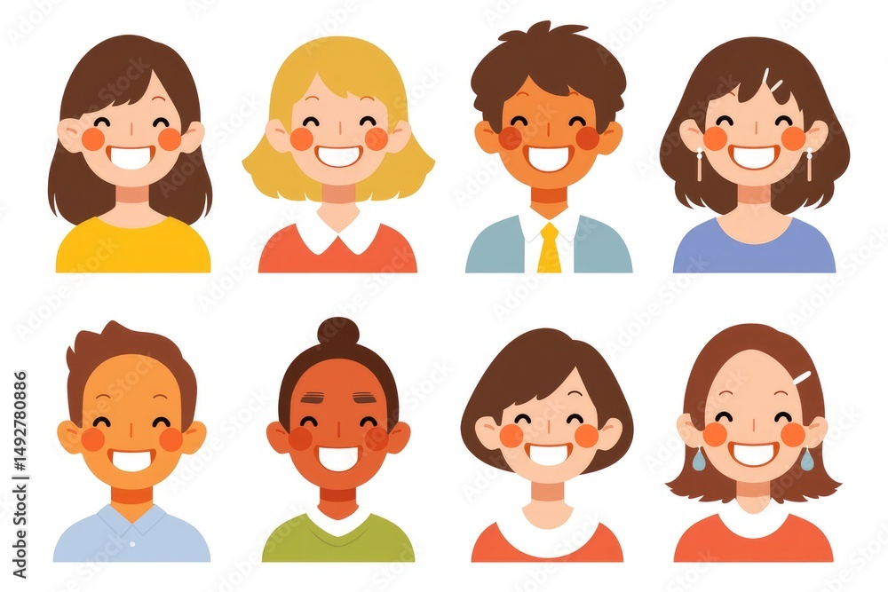 Cheerful young faces in diverse representations. Cheerful young faces in diverse representations.
