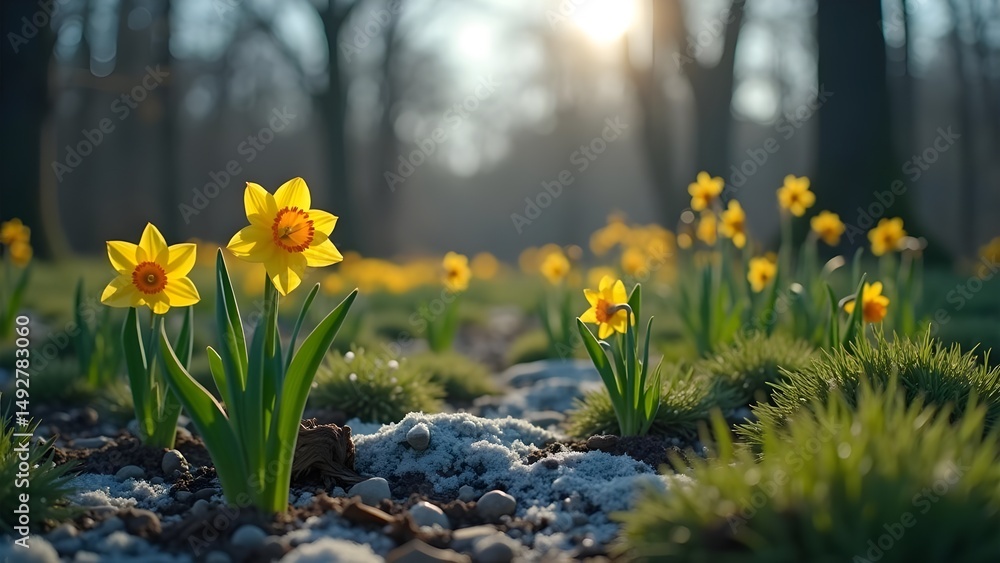 Obraz premium Charming Daffodils Blossom in Spring Sunlight in a Scenic Meadow