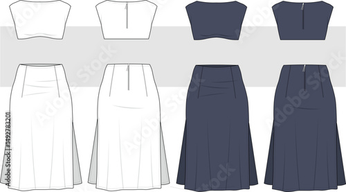 Women's midi slit skirt and crop top set fashion drawing, technical sketch, illustration. Casual women satin skirt and cropped vector. Front and back view, Cad, Mockup.