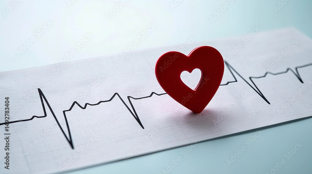Fototapeta premium Red heart and electrocardiogram represent the concepts of heart health monitoring, medical diagnosis, cardiovascular system status, and organ donation.