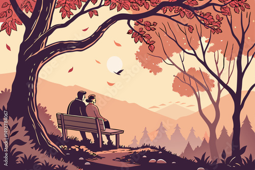 7 detailed digital painting, couple sitting on bench in mysterious forest, romantic atmosphere, sunset lighting, autumn leaves, soft focus, cinematic, highly detailed, digital art