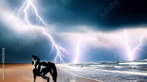 Majestic bay horse galloping along shoreline during dramatic thunderstorm. Lightning bolts illuminate dark stormy sky above ocean waves. Wild stallion running free on sandy beach.