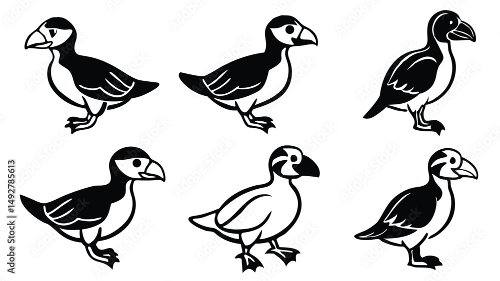 Set of Six Stylized Puffins with Black and White Contrasting Designs, Perfect for Nautical Themes Set of Six Stylized Puffins with Black and White Contrasting Designs, Perfect for Nautical Themes