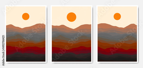 Set of three Abstract Aesthetic mid century modern landscape Contemporary boho poster cover template. Minimal and natural Illustrations for art print, postcard, wallpaper, wall art, home decor.