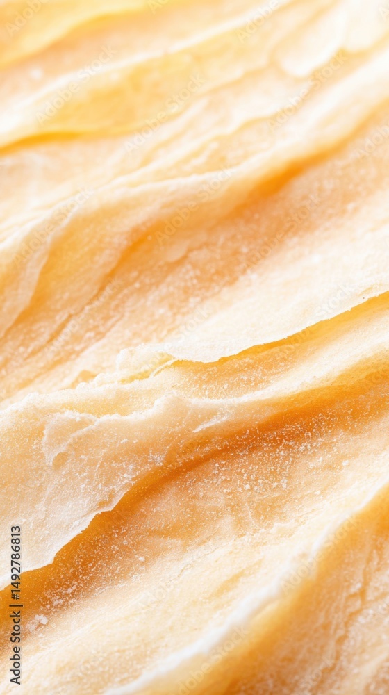 Obraz premium Extreme macro shot of butter croissant showing delicate flaky layers, golden crust and airy interior, with crumbs scattered and warm soft lighting highlighting artisanal texture..
