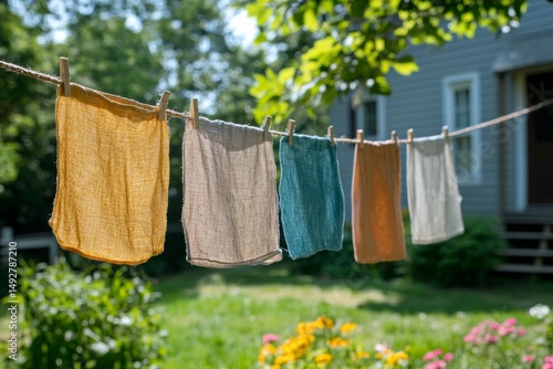 Wallpaper Mural Naturally Dyed Linen Fabrics Drying on Clothesline in Sunny Garden Torontodigital.ca