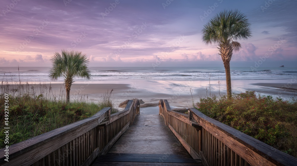 Fototapeta premium Boardwalk Leading to Beach at Sunrise with Palm Trees in South Carolina Coastal Landscape View