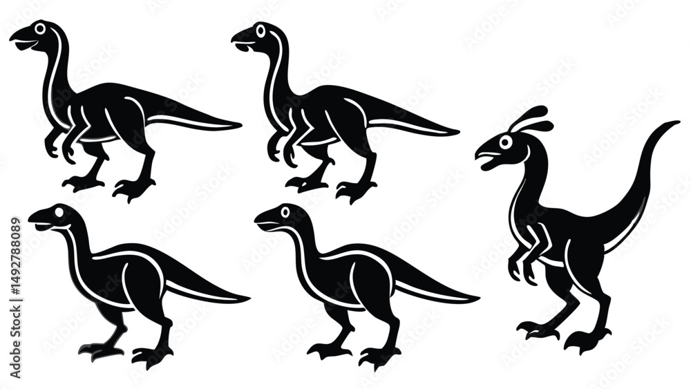 Five monochrome, simplistic dinosaur illustrations against white backdrop offering diverse designs for educational or decorative use. Five monochrome, simplistic dinosaur illustrations against white backdrop offering diverse designs for educational or decorative use.