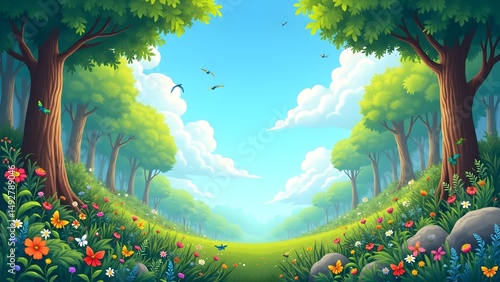 Lush Green Meadow with Trees, Wildflowers, Butterflies and Birds Under a Blue Sky with Clouds