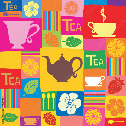 Seamless pattern with tea pots and tea cups. Vector Illustration