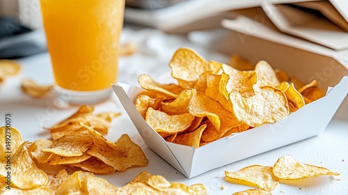 Crispy potato chips and orange juice close up food photography