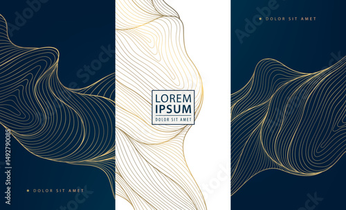 Vector set of abstract fancy line golden labels, luxury elite cards, wave elegant backgrounds. Japanese sea posters, corporate packages, art deco frames.