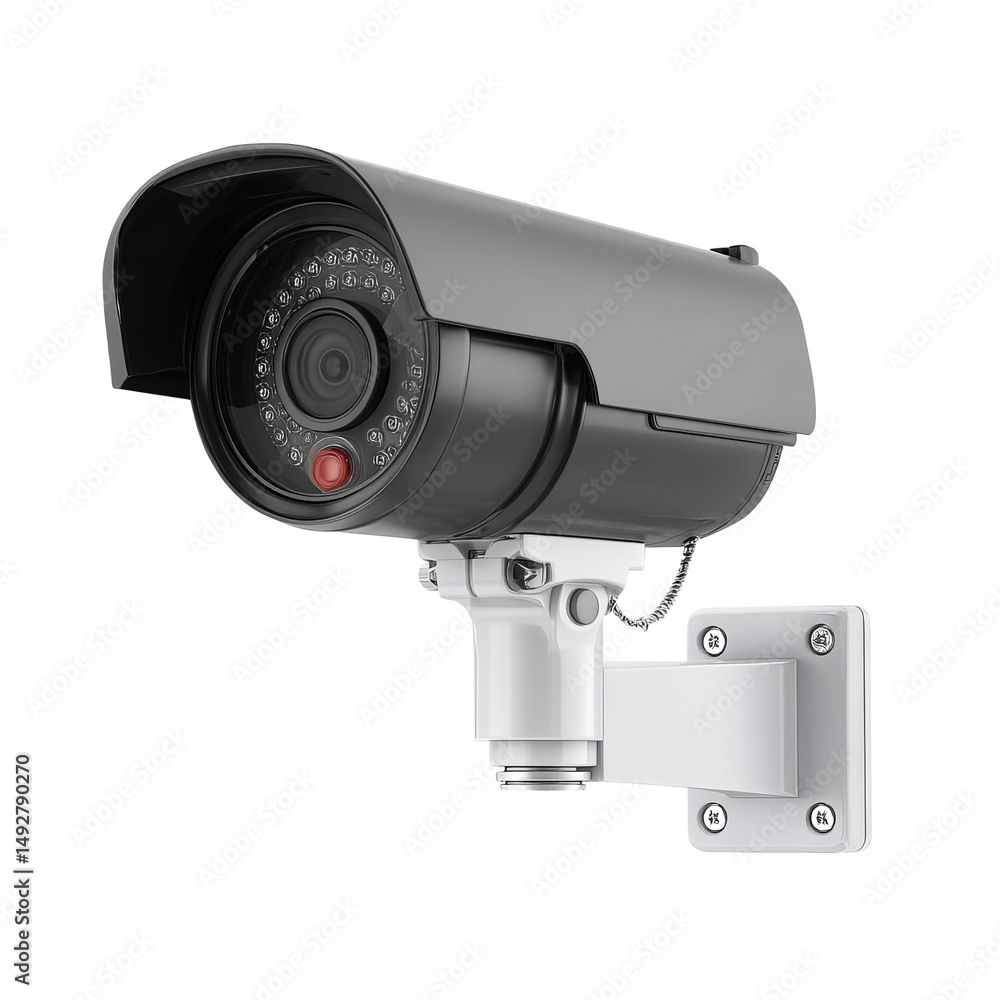 Security camera mounted on a wall bracket. This device is designed to provide surveillance and security. Security camera mounted on a wall bracket. This device is designed to provide surveillance and security.