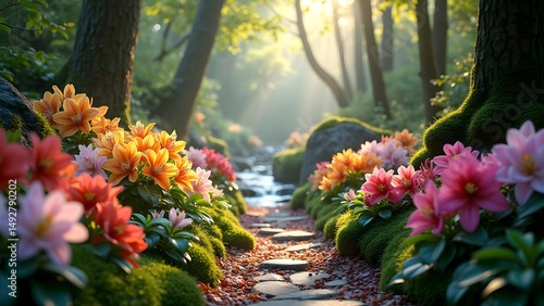 Wallpaper Mural Tranquil Garden Path with Flowers, Moss and a Stream Bathed in Sunlight Torontodigital.ca