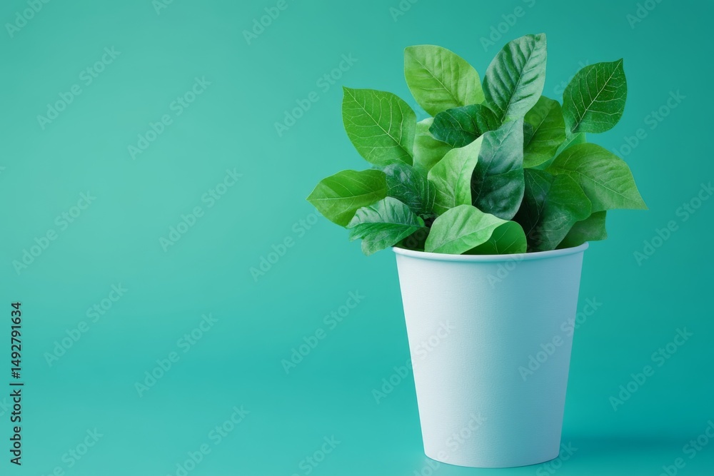 Fototapeta premium Lush Green Plant in Light Blue Disposable Cup on Turquoise Background Eco Friendly Concept