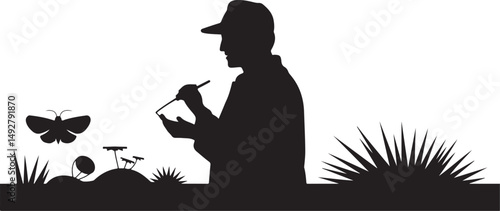 Silhouette of a Scientist Studying a Moth in Nature