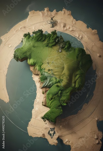 Stylized Brazilian map, circular network depicts national cohesion ,  design element,  map,  network
