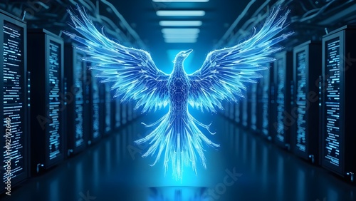 Digital Phoenix Soaring in Data Center: Cybersecurity & Data Recovery Concept 
